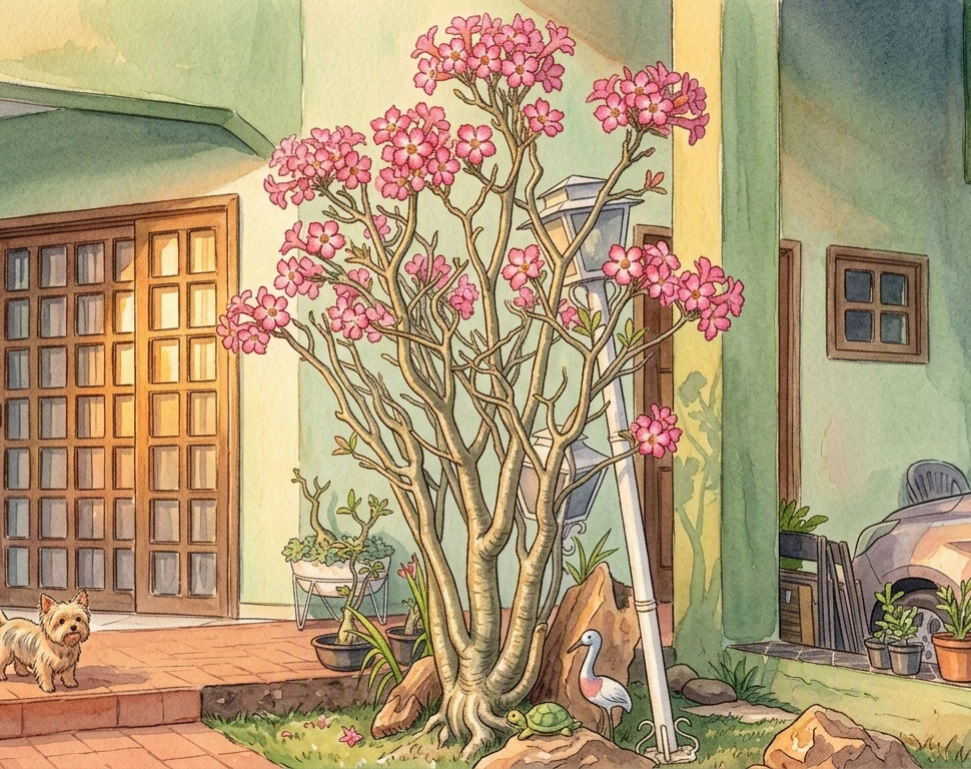 Rosa do deserto adulta em fachada de residência